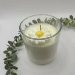 Kaars in doorzichtige glazen pot. Onderste laag is wit kaarsvet dat ruikt naar vanille. Er ligt een madeliefje bovenaan als versiering.