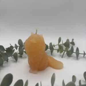 Een oranje kaars in de vorm van een kat met manen.