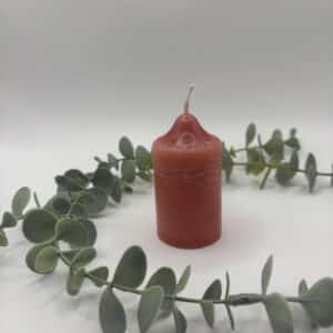 Een rode kaars in de vorm van een kleine cilinder.